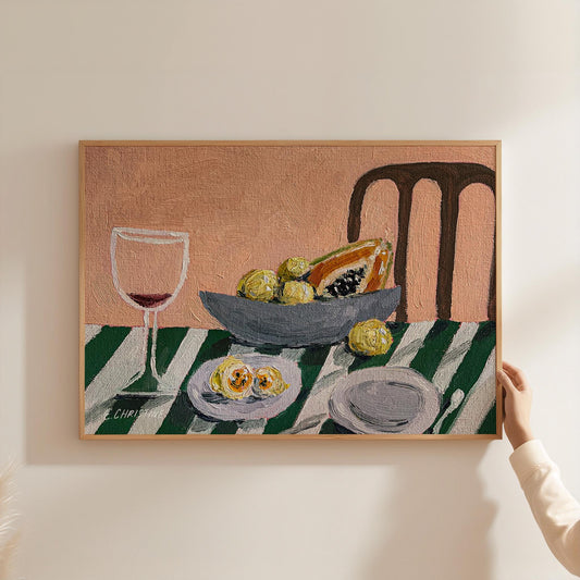 Guavas and a Papaya, Oil Painting by E. Christine | Fruit Still Life Fine Art Print